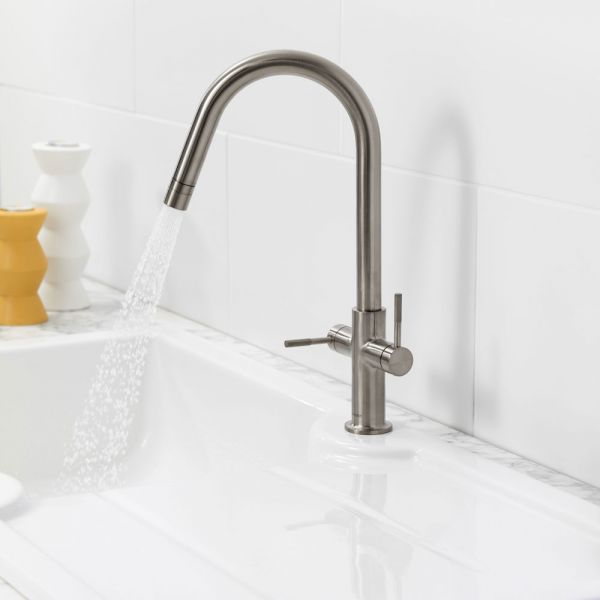 Clearwater Topaz J Dual Lever Brushed Nickel Twist & Spray Monobloc Kitchen Sink Mixer Tap #4