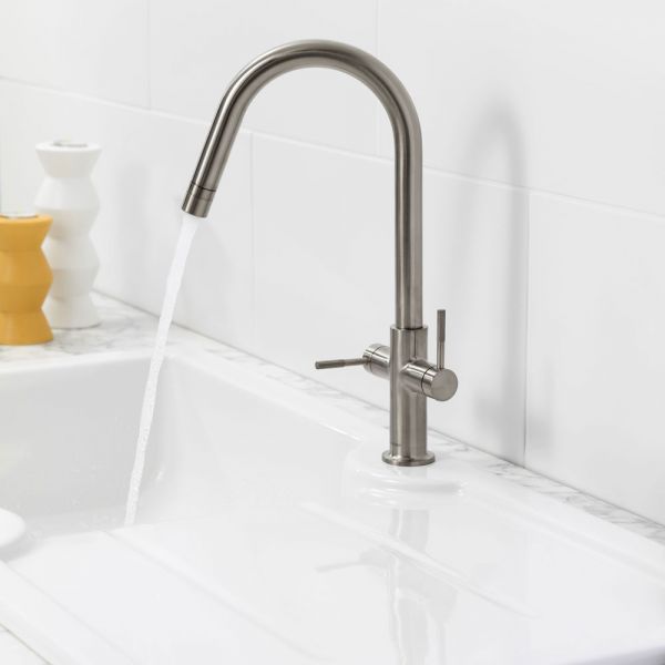 Clearwater Topaz J Dual Lever Brushed Nickel Twist & Spray Monobloc Kitchen Sink Mixer Tap #5