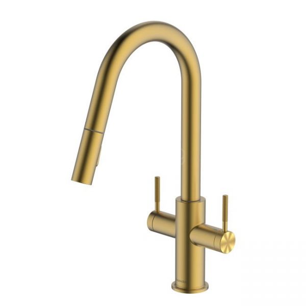 Clearwater Topaz Dual Lever Brushed Brass Pull Out Monobloc Kitchen Sink Mixer Tap
