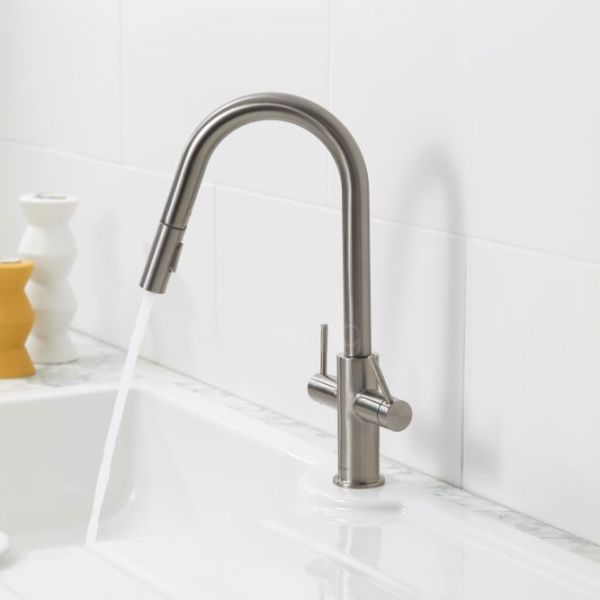 Clearwater Topaz Dual Lever Brushed Nickel Pull Out Monobloc Kitchen Sink Mixer Tap