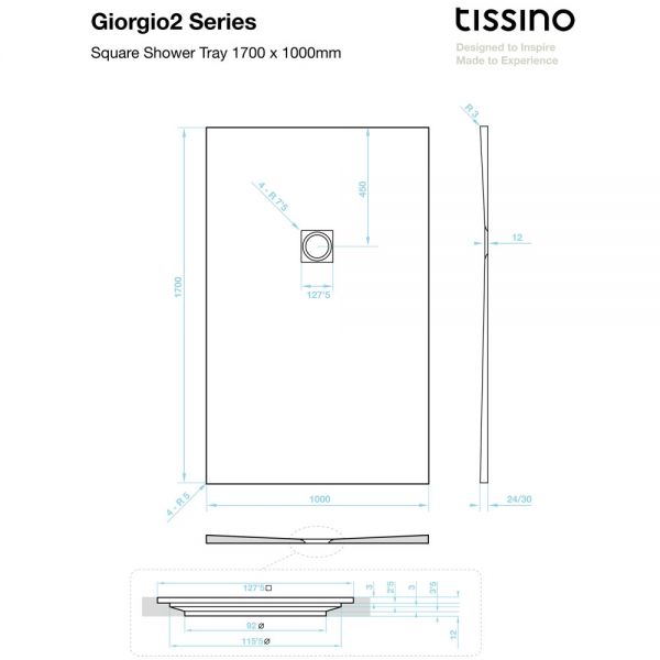 Tissino Giorgio2 1700 x 1000 Rectangular Grey Slate Effect Shower Tray #2