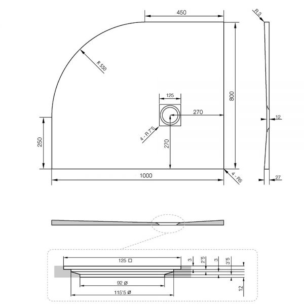Tissino Giorgio2 1000 x 800 Offset Quadrant Right Hand White Slate Effect Shower Tray #2