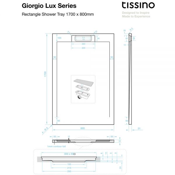 Tissino Giorgio Lux 1700 x 800 Rectangular Slate Effect Shower Tray #3