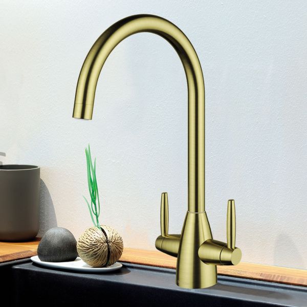 Clearwater Tutti Dual Lever Artisan Brass Twist & Spray Monobloc Kitchen Sink Mixer Tap #2