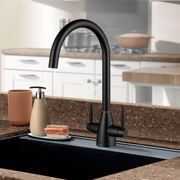 Clearwater Tutti Dual Lever Matt Black Twist & Spray Monobloc Kitchen Sink Mixer Tap #3