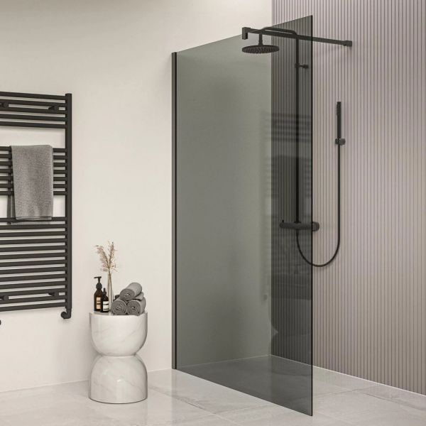 Tissino Armano Matt Black 1200mm Grey Glass Wet Room Walk In Shower Panel