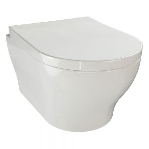 Tissino Nerola Rimless Wall Hung Toilet Pan with Wrapover Seat and Brushed Brass Fixings