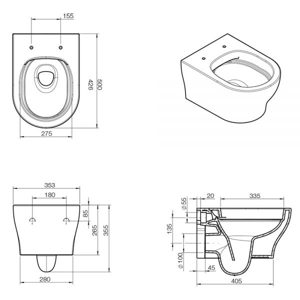 Tissino Nerola Rimless Wall Hung Toilet Pan with Wrapover Seat and Matt Black Fixings #2