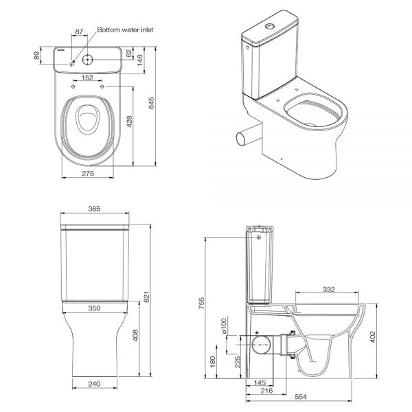 Tissino Nerola Left Handed Rimless Close Coupled Toilet Pan, Cistern and Wrapover Seat with Matt Black Fixings #2