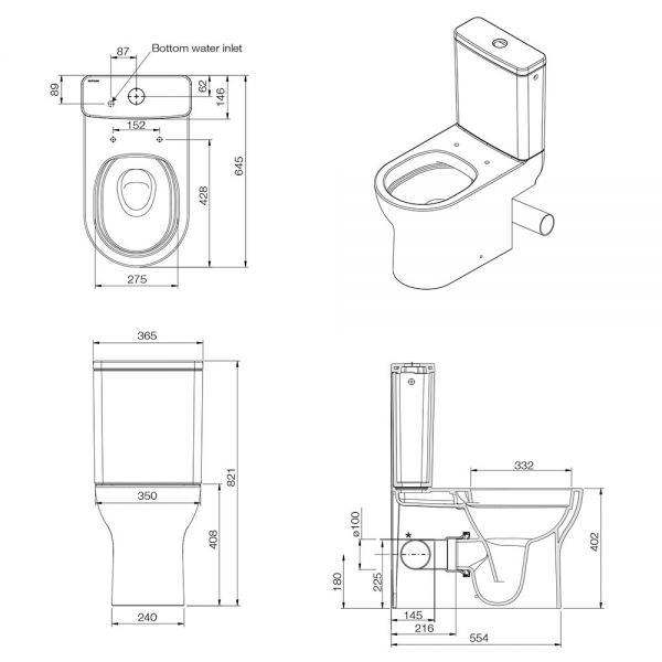 Tissino Nerola Right Handed Rimless Close Coupled Toilet Pan, Cistern and Slimline Seat with Chrome Fixings #2