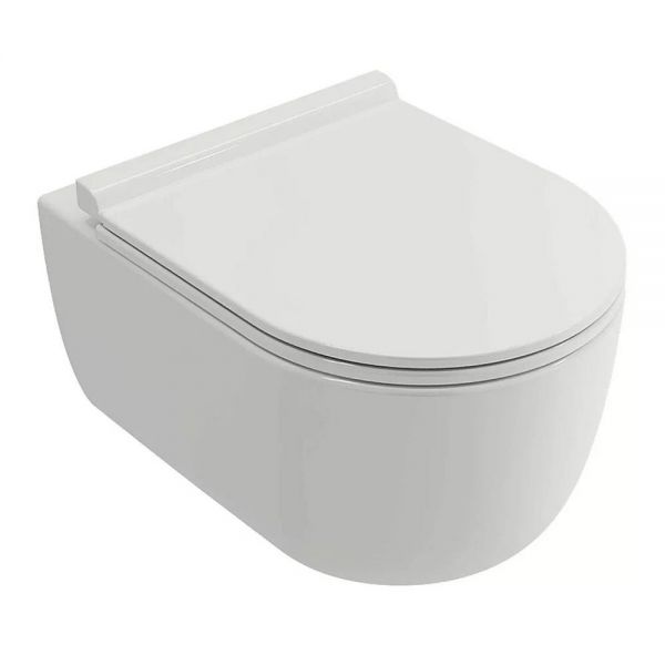 Tissino Velino Rimless Wall Hung Short Projection Toilet Pan with Seat and Brushed Brass Fixings