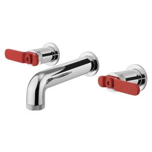 Crosswater Union Red Lever Chrome Three Hole Wall Mounted Basin Mixer Tap