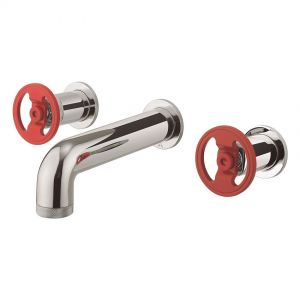 Crosswater Union Red Wheel Chrome Three Hole Wall Mounted Basin Mixer Tap