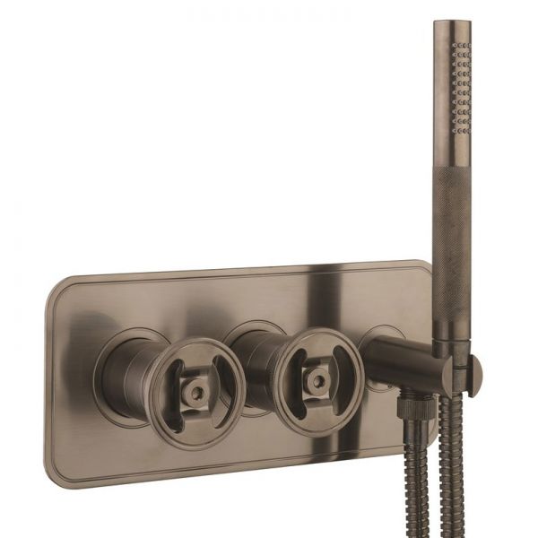 Crosswater Union Brushed Black Chrome Horizontal Two Outlet Thermostatic Shower Valve with Handset