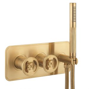 Crosswater Union Brushed Brass Horizontal Two Outlet Thermostatic Shower Valve with Handset