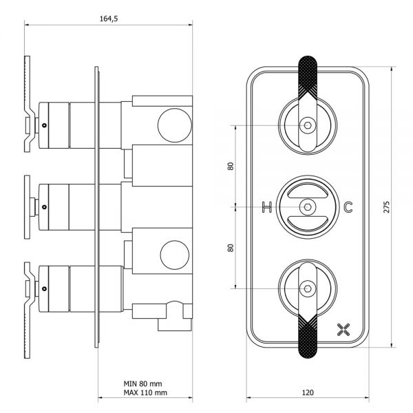 Crosswater Union Brushed Brass Three Handle Two Outlet Thermostatic Shower Valve #2