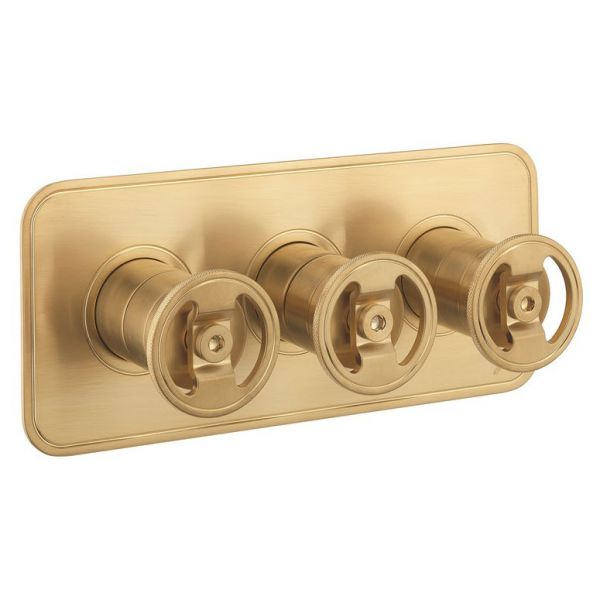 Crosswater Union Brushed Brass Horizontal Three Handle Two Outlet Thermostatic Shower Valve