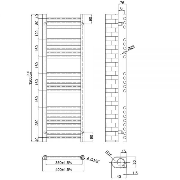 JTP VOS 1200 x 400 Brushed Brass Towel Rail #2