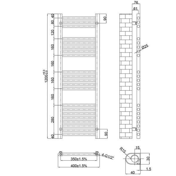 JTP VOS 1200 x 400 Matt Black Towel Rail #2