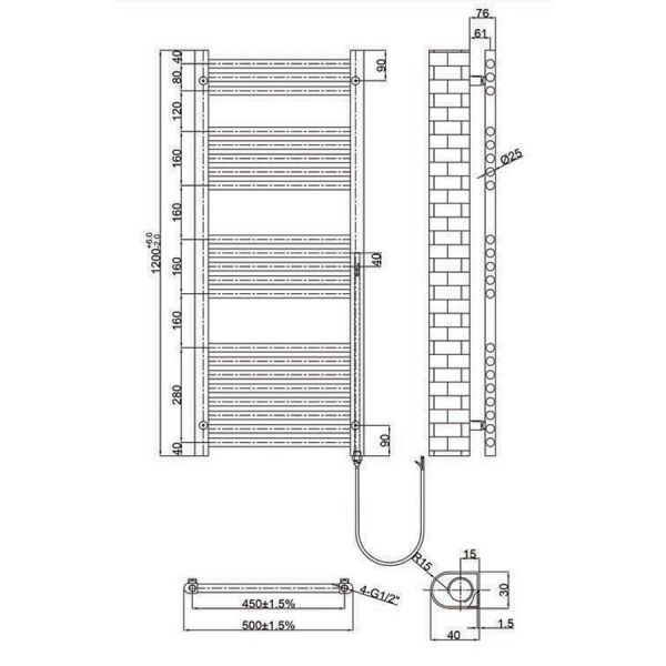 JTP VOS 1200 x 500 Brushed Bronze Electric Towel Rail #2