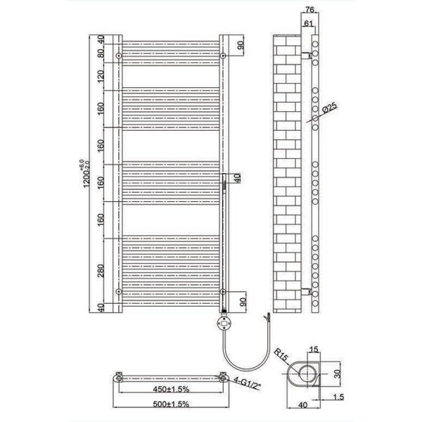 JTP VOS 1200 x 500 Brushed Black Electric Towel Rail #2