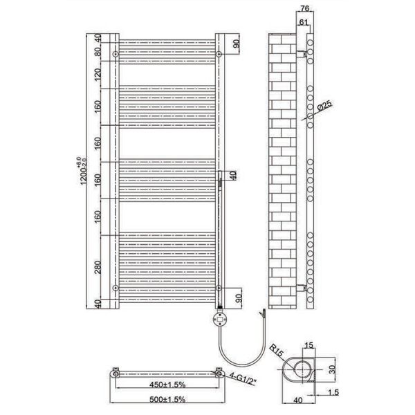 JTP VOS 1200 x 500 Brushed Brass Electric Towel Rail #2