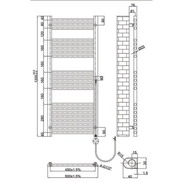 JTP VOS 1200 x 500 Chrome Electric Towel Rail #2