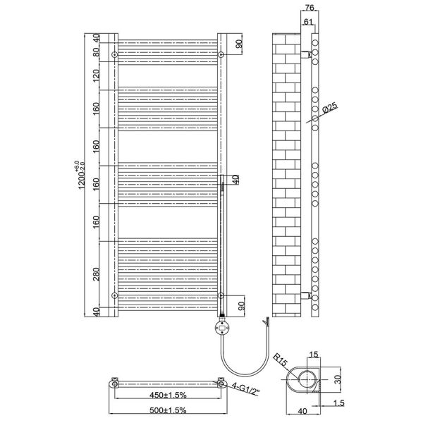 JTP VOS 1200 x 500 Matt Black Electric Towel Rail #2