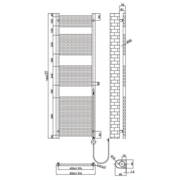 JTP VOS 1600 x 500 Brushed Black Electric Towel Rail #2
