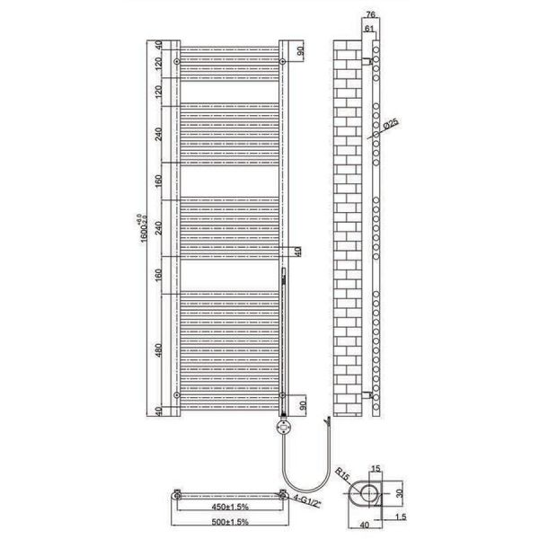 JTP VOS 1600 x 500 Brushed Brass Electric Towel Rail #2