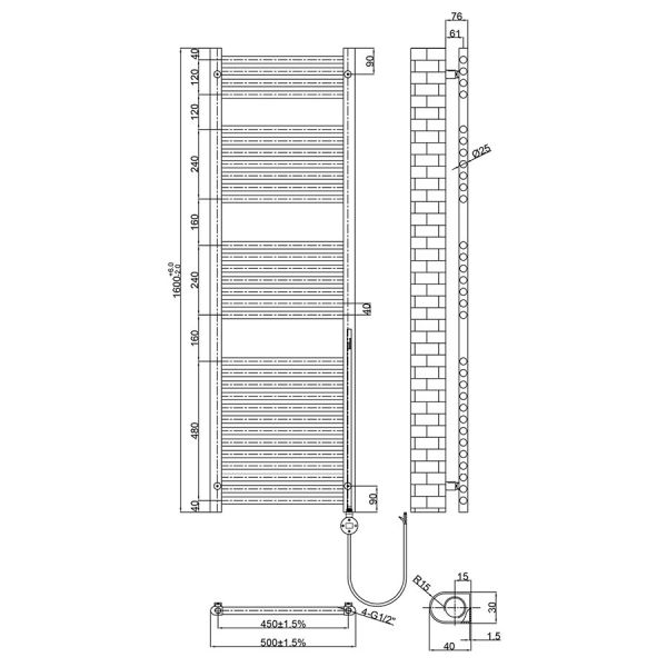 JTP VOS 1600 x 500 Chrome Electric Towel Rail #2