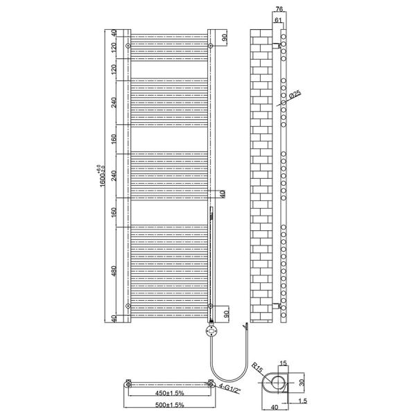 JTP VOS 1600 x 500 Matt Black Electric Towel Rail #2