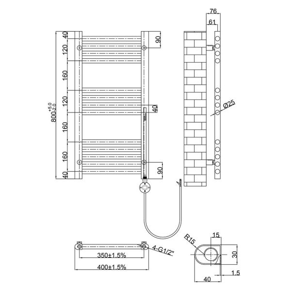 JTP VOS 800 x 400 Matt Black Electric Towel Rail #2
