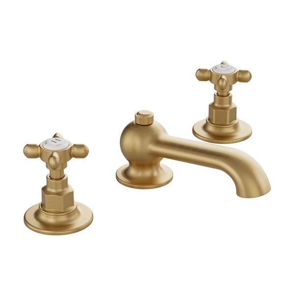 Vado Booth &amp; Co Axbridge Cross Brushed Brass Deck Mounted 3 Hole Basin Mixer Tap with Pop Up Waste