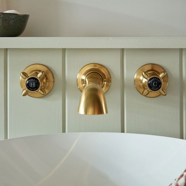 Vado Booth &amp; Co Axbridge Black Cross Brushed Brass Wall Mounted 3 Hole Basin Mixer Tap #2