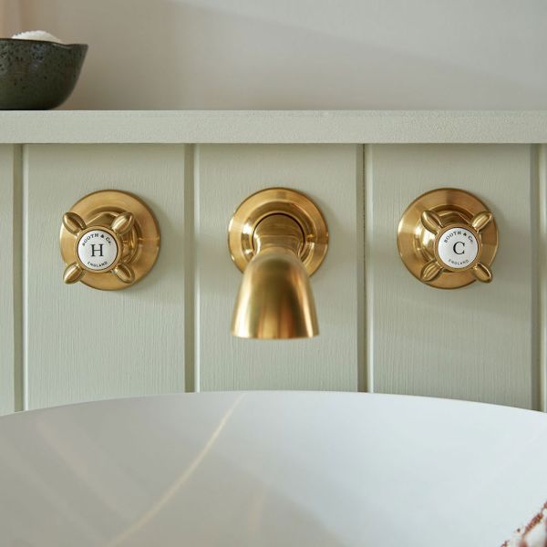 Vado Booth &amp; Co Axbridge Cross Brushed Brass Wall Mounted 3 Hole Basin Mixer Tap #2