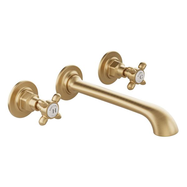 Vado Booth &amp; Co Axbridge Cross Brushed Brass Wall Mounted 3 Hole Basin Mixer Tap