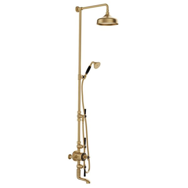 Vado Booth &amp; Co Axbridge Brushed Brass 3 Outlet Exposed Thermostatic Shower Column with Bath Spout and Black Handles