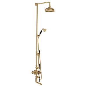 Vado Booth & Co Axbridge Brushed Brass 3 Outlet Exposed Thermostatic Shower Column with Bath Spout and Black Handles