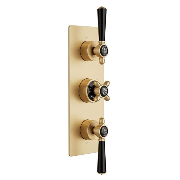 Vado Booth &amp; Co Axbridge Brushed Brass 2 Outlet 3 Handle Concealed Thermostatic Shower Valve with Black Handles