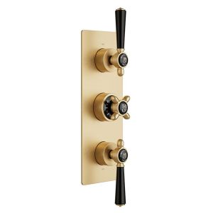 Vado Booth & Co Axbridge Brushed Brass 2 Outlet 3 Handle Concealed Thermostatic Shower Valve with Black Handles