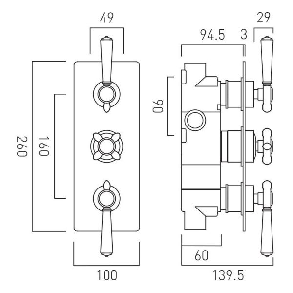 Vado Booth &amp; Co Axbridge Brushed Brass 2 Outlet 3 Handle Concealed Thermostatic Shower Valve #2