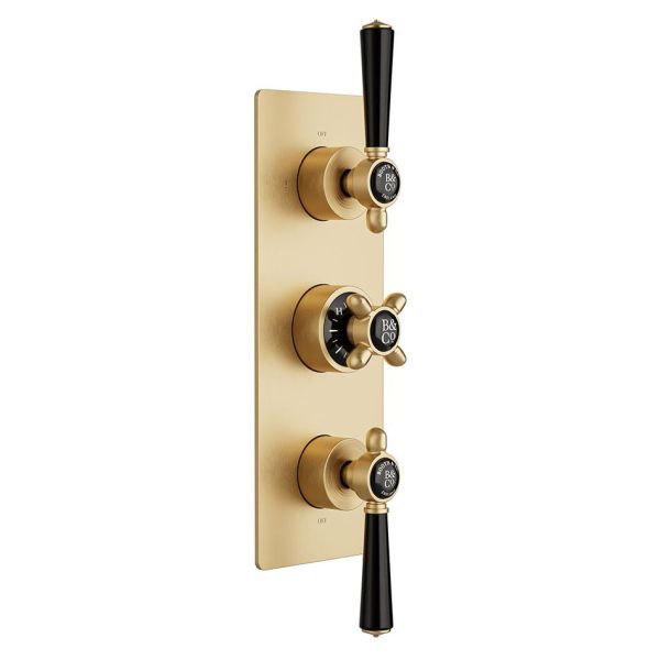 Vado Booth &amp; Co Axbridge Brushed Brass 3 Outlet Concealed Thermostatic Shower Valve with Black Handles