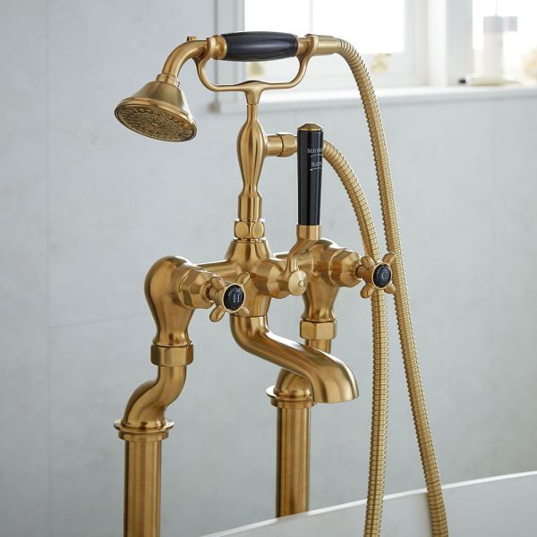 Vado Booth &amp; Co Axbridge Black Cross Brushed Brass Floor Standing Bath Shower Mixer Tap #5
