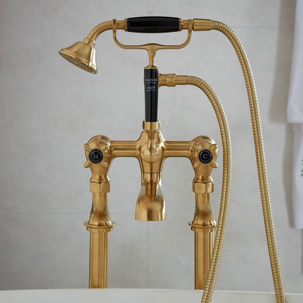 Vado Booth &amp; Co Axbridge Black Cross Brushed Brass Floor Standing Bath Shower Mixer Tap #2