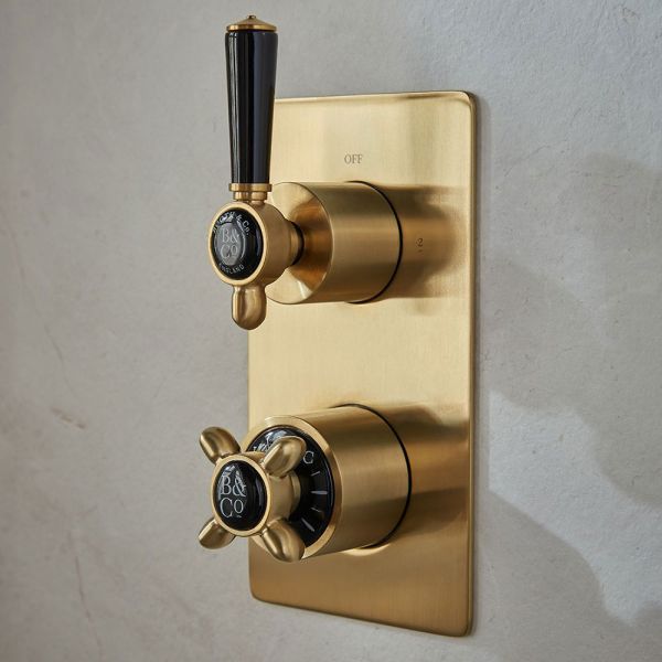 Vado Booth &amp; Co Axbridge Brushed Brass 2 Outlet Concealed Thermostatic Shower Valve with Black Handles #2