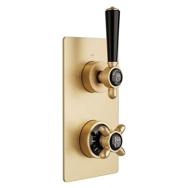 Vado Booth &amp; Co Axbridge Brushed Brass 2 Outlet Concealed Thermostatic Shower Valve with Black Handles