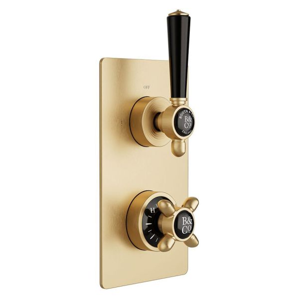 Vado Booth &amp; Co Axbridge Brushed Brass 1 Outlet Concealed Thermostatic Shower Valve with Black Handles