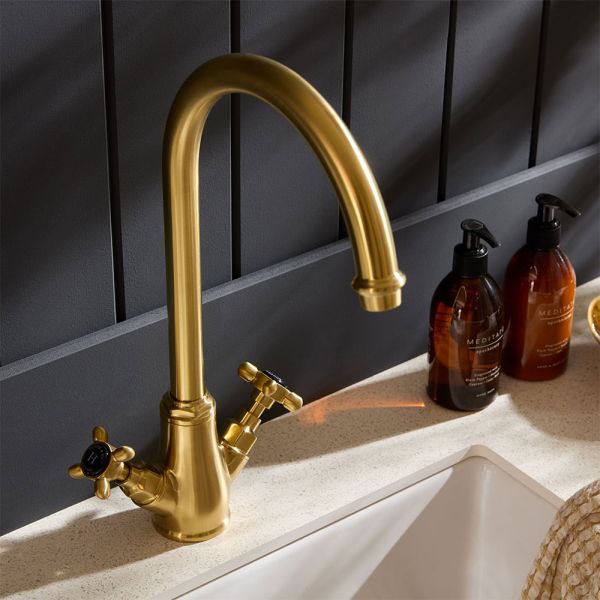 Vado Booth &amp; Co Axbridge Black Cross Brushed Brass Mono Kitchen Mixer Tap #3