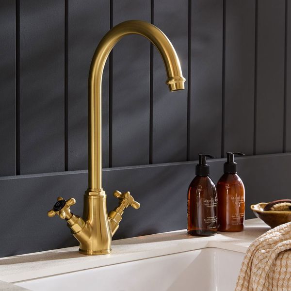 Vado Booth &amp; Co Axbridge Black Cross Brushed Brass Mono Kitchen Mixer Tap #2
